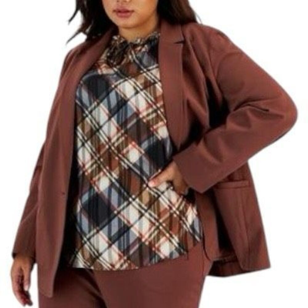 NEW Bar III Womens Plus Notch Collar Suit Separate One-Button Brown Blazer